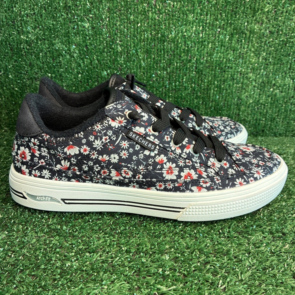 NEW Skechers Arch Fit Arcade Floral Textile Upper Fashion Sneaker Black Womens 8
